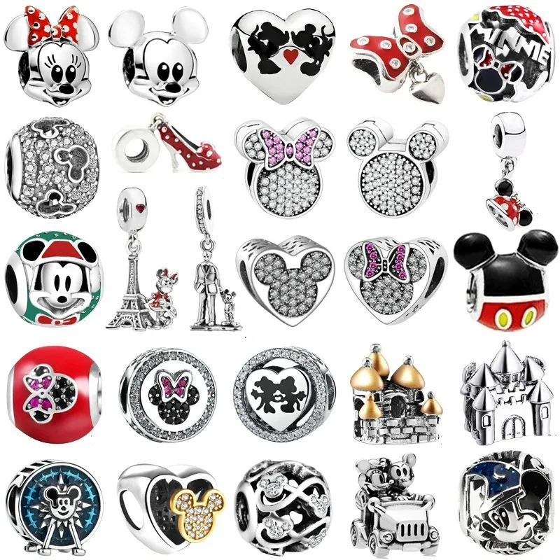 Disney 925 Silver Mickey Minnie Mouse Stitch Charms Bead Pendant Fit  Bracelets & Bangles DIY Women Jewelry Accessories Gifts