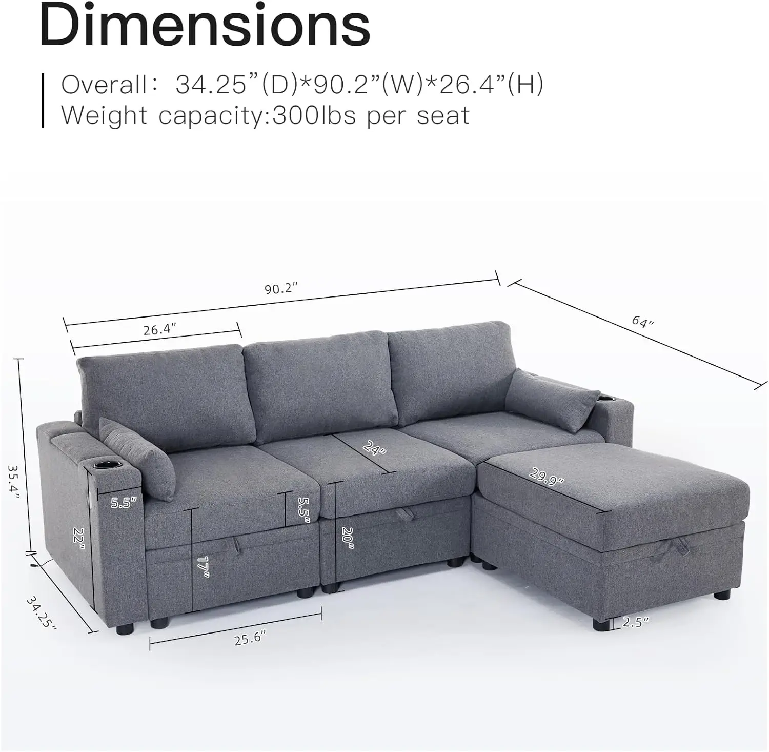 Modular Sectional Sofa with Storage, Convertible L Shaped Sofa Couch with USB Port & Cup Holders, 4 Seat Sofa Couch with Chaise