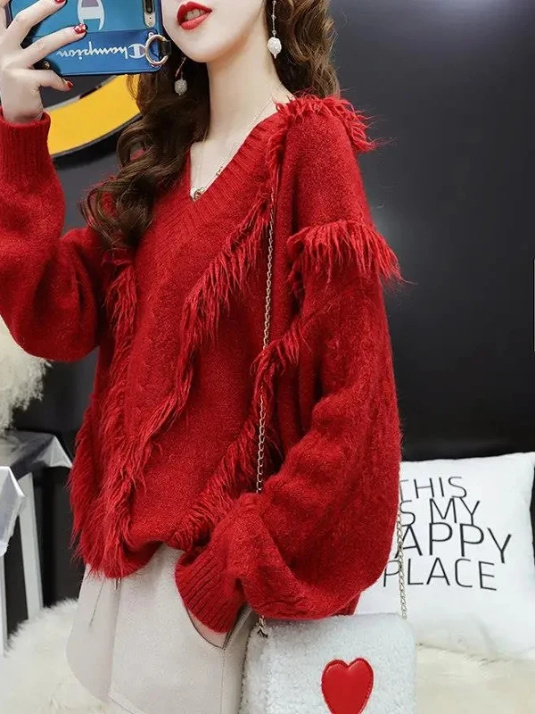 

Женский однотонный свободный вязаный свитер с V-образным вырезом, весна-осень, новинка, с бахромой, в корейском стиле, для повседневной носки