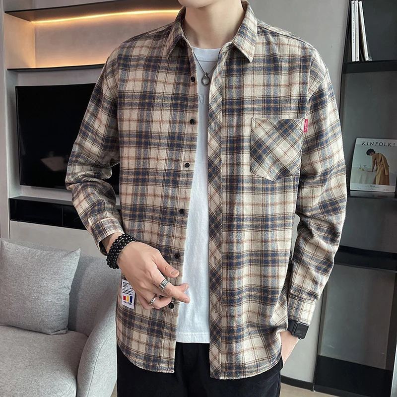 Men\'s Long Sleeved Checkered Shirt, Korean Slim Fit Jacket, Casual Student Trend Shirt, Lining