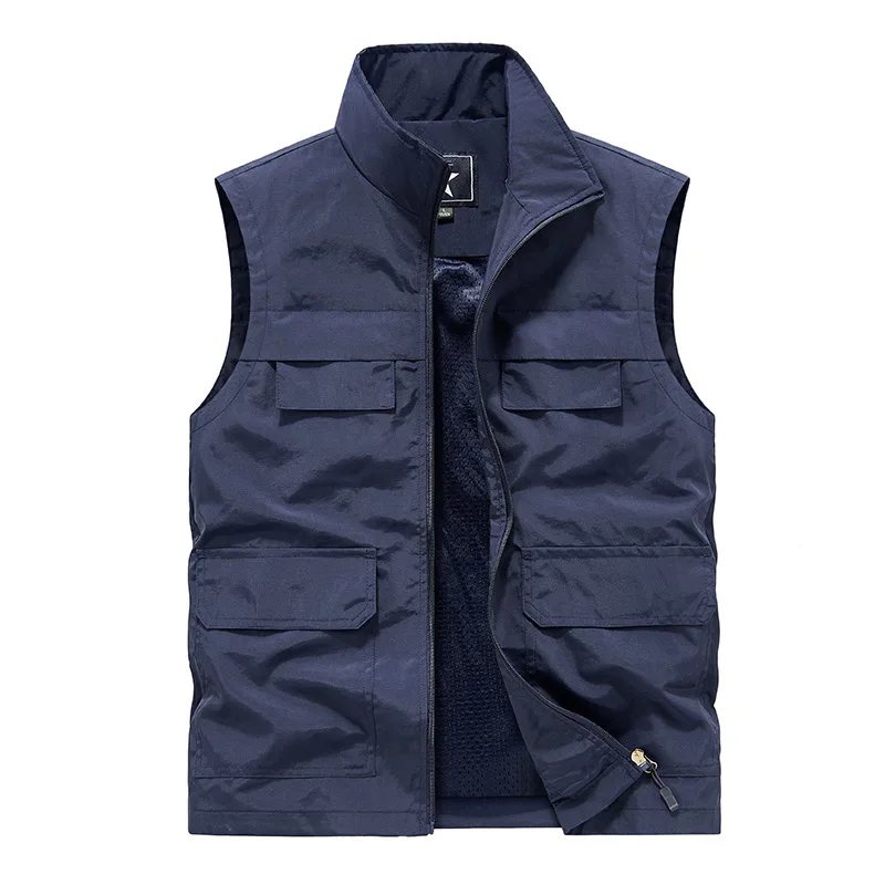 Men Stand Collar Multi Pocket Mesh Lined Utility Vest Sleeveless Zip Up Outdoor Fishing Hiking Waistcoat