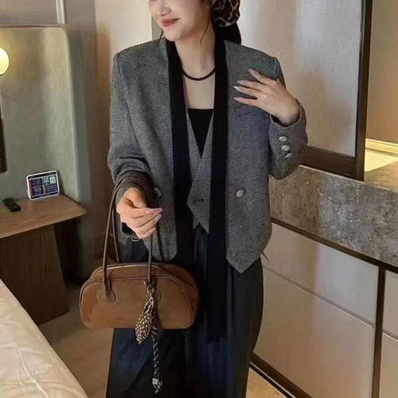

YYAHAHAS Korean Version Ribbon Suit Autumn Short Jacket High-end Design Sense 2025 New Temperament Suit Top