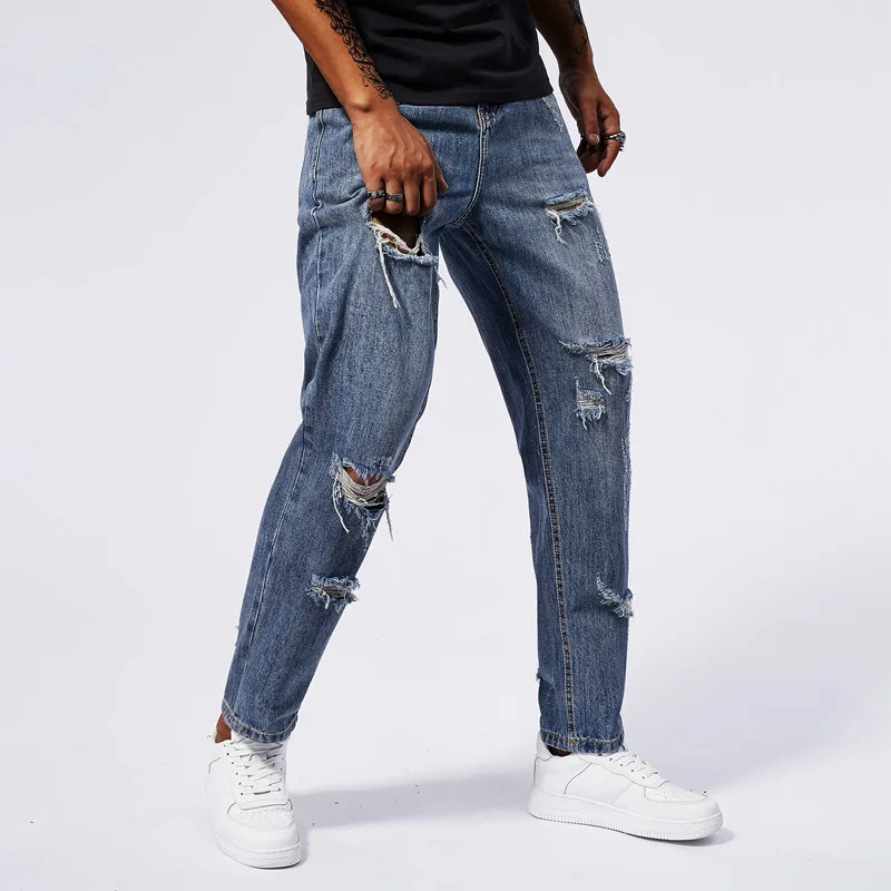 2024 Summer New Men's Perforated Jeans Loose Harun Retro Street Fashion Korean Edition Long Pants