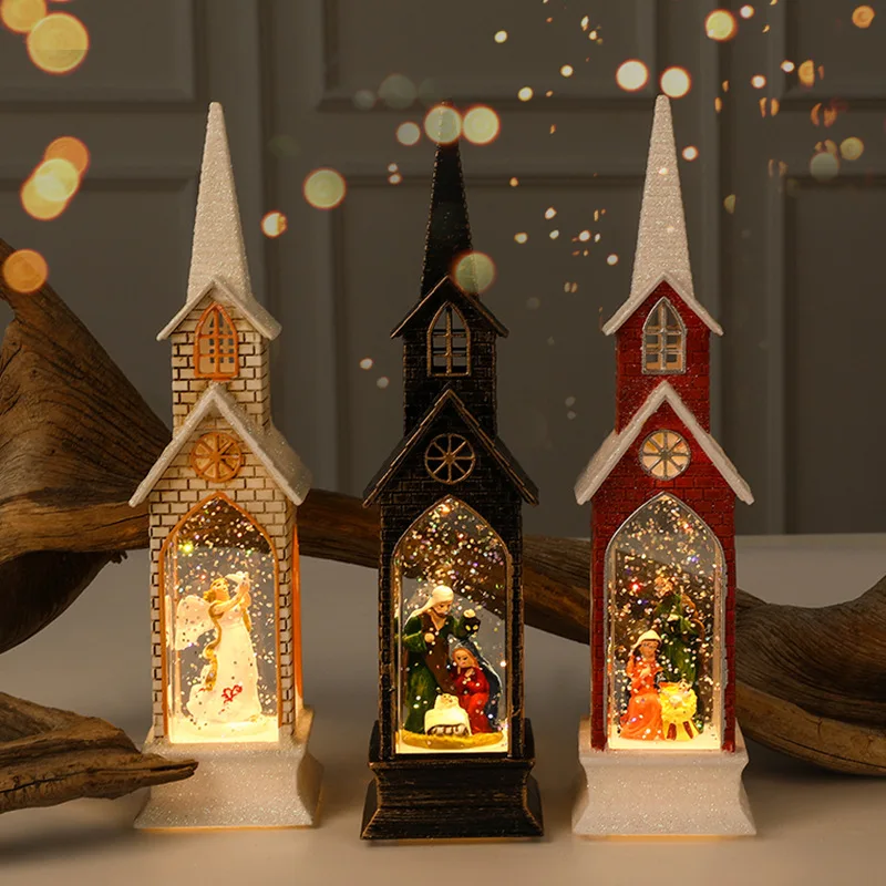 New LED Christmas lighting gliter Jesuit Church shaped small wind lamp tabletop decor angel christmas decorations for home