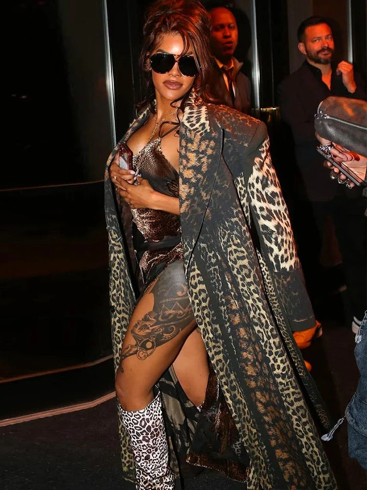 Kliou Leopard Print Trenchcoat Frau Herbst Trend Hohe Taille Bandage Strickjacke Revers Volle Hülse Street Fashion Stil Kleidung