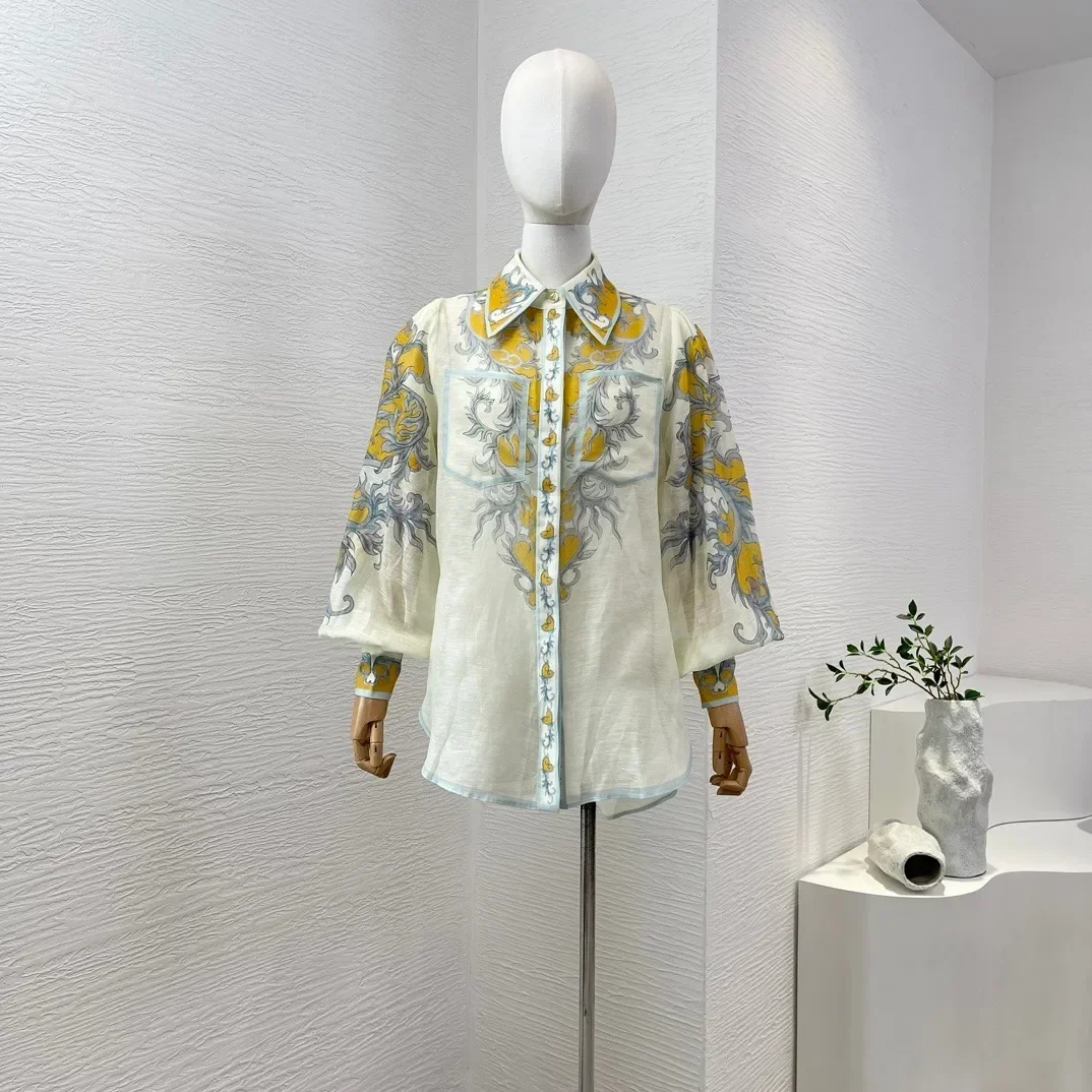 2024 New Summer Women Silk Linen Yellow Floral Position Print camicetta a maniche lunghe gonna Set collezione Vintage di alta qualità