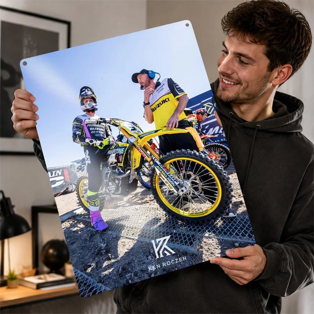 Motocross Rider And Mechanic Aluminum Poster Customized Metal Sign Vivid Racing Track Energy Wall Art For Action Sports Lovers