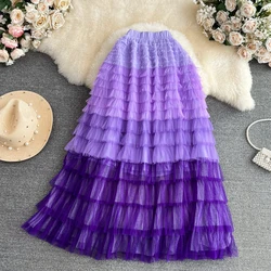 Women Chic Ruffle Tiered Gauze Full Skirt High Waist Elegant Korean Fashion Fairycore A-line Sweet Casual Summer Clothing