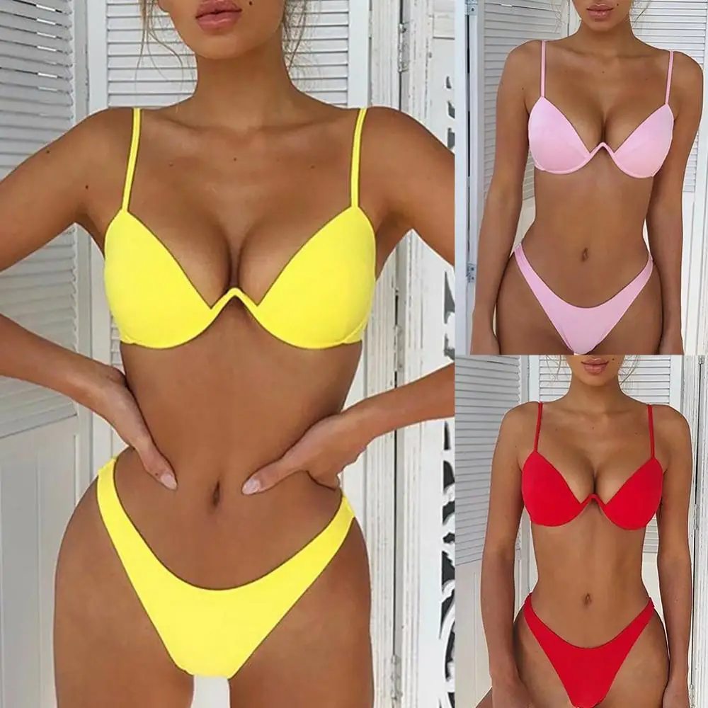 Sexy Women Solid Color Swimsuit Underwired Bra G-string Briefs Beach Bikini Set Female Bathing Suit Beach Swimwear