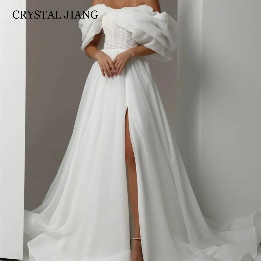 

Classy Long Ivory Off the Shoulder Organza Wedding Dresses Short Sleeves with Slit A Line Sweep Train فساتين للمناسبات الخاصة