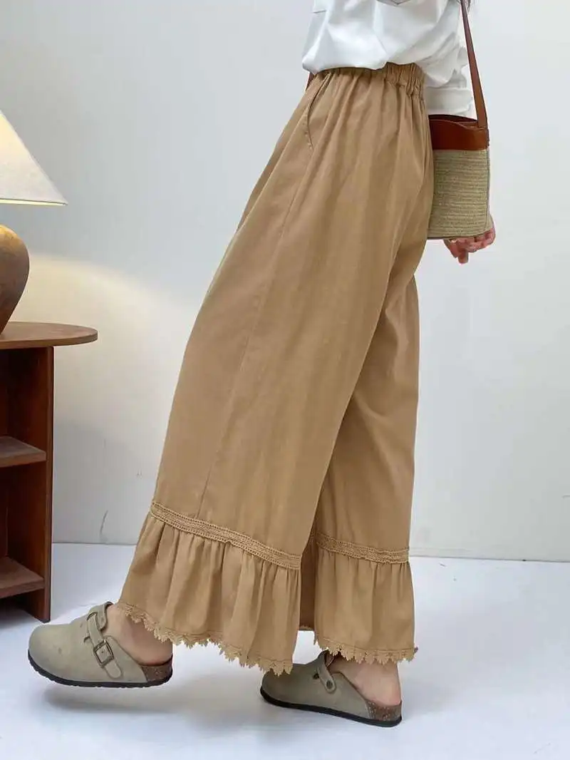 Japonês doce mori menina cor sólida renda bainha calças de perna larga feminino outono nova cintura elástica casual solto calças retas