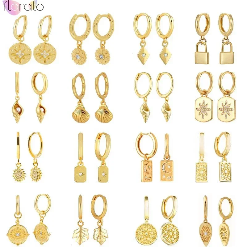 Vintage Metal Shell ต่างหู 925 เงินสเตอร์ลิงเข็มเรขาคณิตสแควร์รอบจี้ Hoop ต่างหูแฟชั่นผู้หญิงเครื่องประดับ