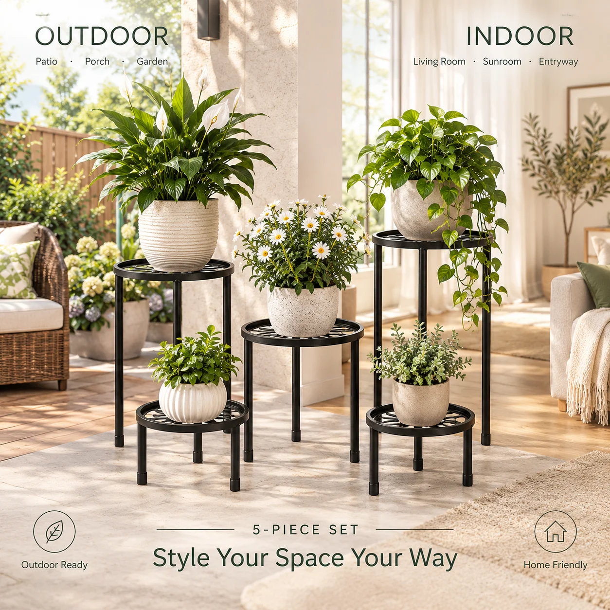 5PCS Balcony Plant Stands,Indoor Outdoor Flower Pot Stands,Metal Round Plant Holders,Multi-Size Plant Risers with Decorative Open Design, Plant Display Racks for Balcony, Patio, Porch, Courtyard, Living Room and Garden Decor, 3.74in to 11.61in Height
