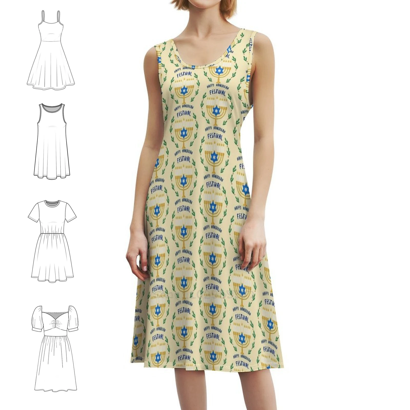 مهرجان هانوكا اليهودي السعيد مع شموع الشمعدان فستان نسائي أنيق للحفلات على شكل حرف a مع خيارات قصيرة/طويلة/بدون أكمام #1