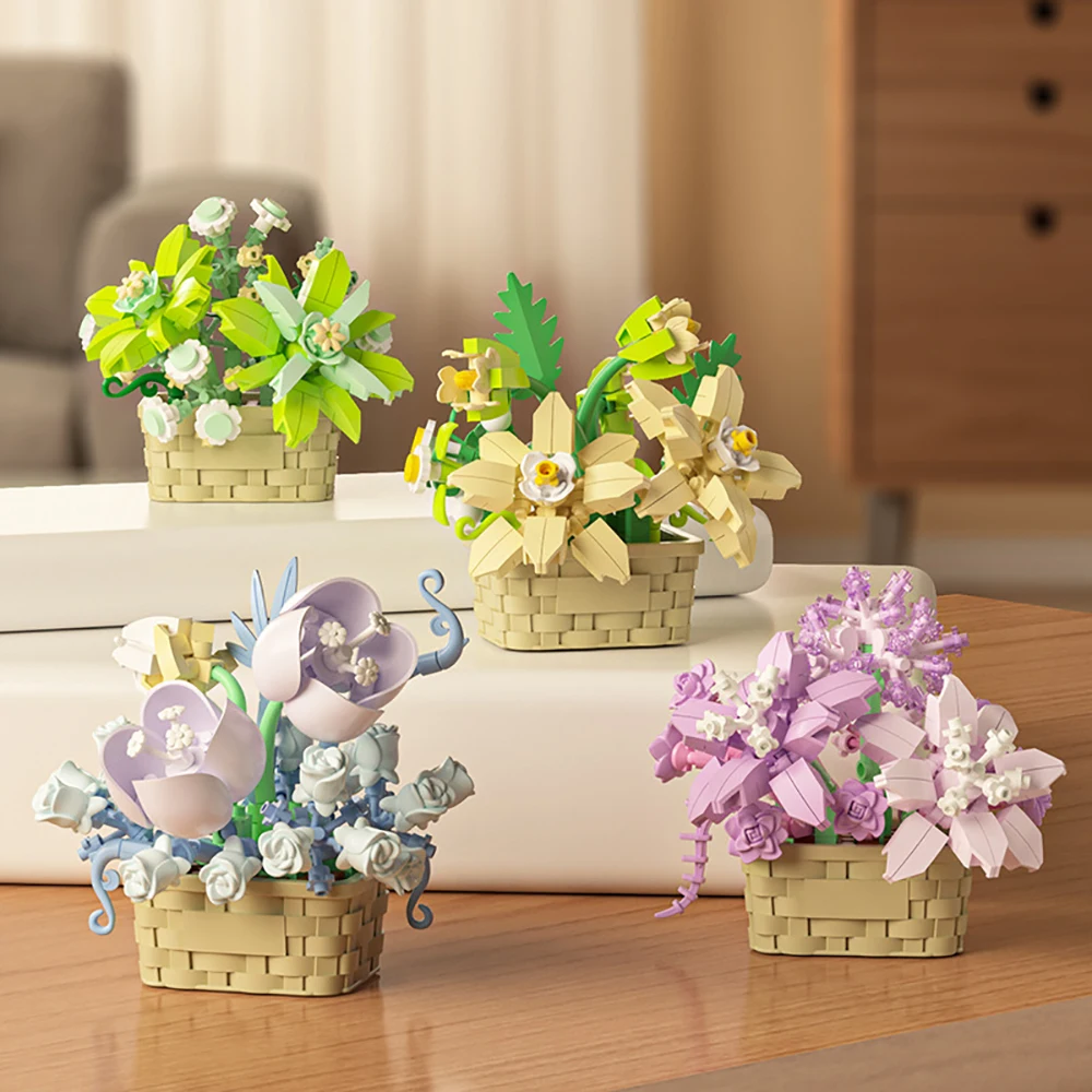 Flower Succulents Building Blocks Bag Eternal Basket Bonsai Garden Romantic Bricks DIY Potted Plants Model Kids Kit Toy For Girl