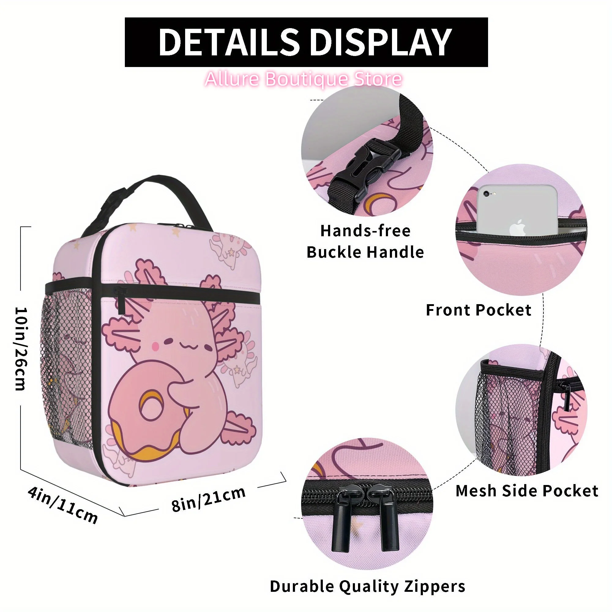 1pc, Cute Axolotl Holding Donut Printed Thermal Bag Insulation Tote for Food Storage - Unisex Portable Reusable Cooler & Lunch B