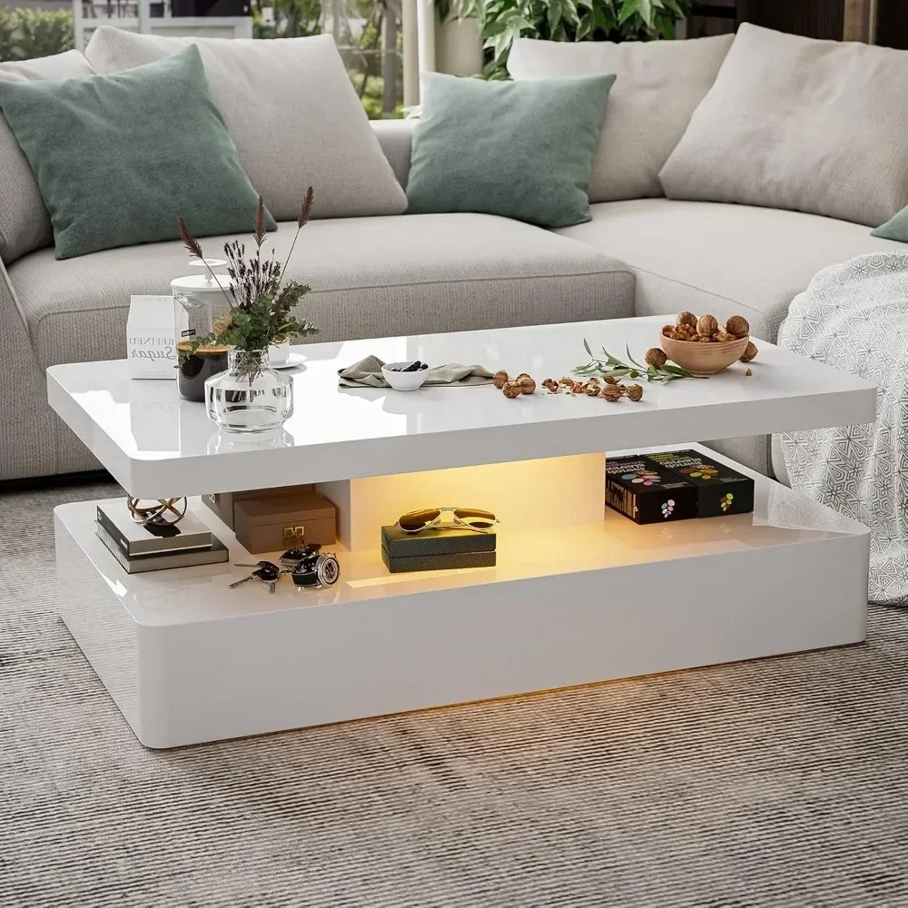 LED High Glossy Coffee Table, Modern Coffee Table, 2 Tiers Rectangle Design Coffee Table with 16 Colors LED Lights