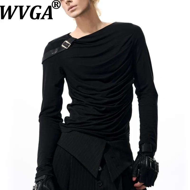 

WVGA Spring Autumn New Man Tide High Street Patchwork Pleated Trendy Long Sleeve T-shirt Niche Chic Casual O-Neck Top Ins W12552