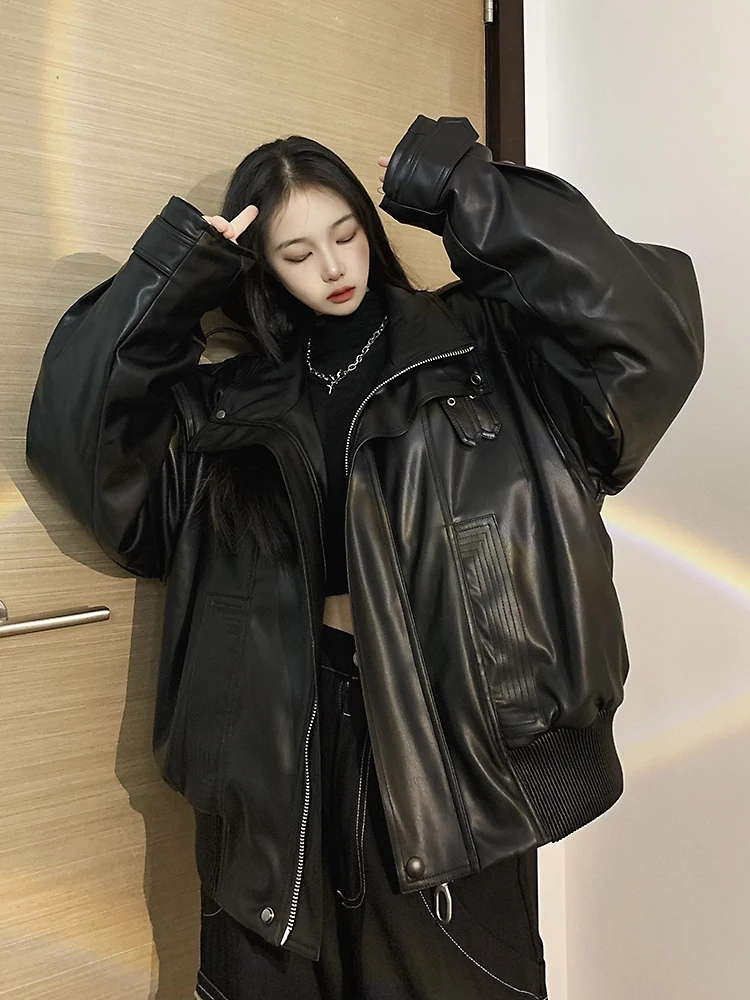 Big Biu Studio Damen Retro Amerikanische Motorradjacke Coole Haome Neutrale Sportjacke für Herbst Winter PU-Leder