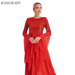 Shiny Sequins Liturgical Lyrical Dance Performance Dress for Womens Patchwork Worship Tunic Flared Sleeve Dress Modern Dancewear