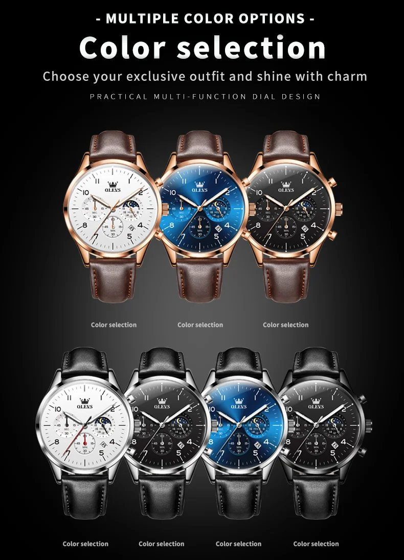 Olevs-男性用防水発光クォーツ腕時計,クロノグラフ,ムーンフェイズ,オリジナル,トップブランド,2882