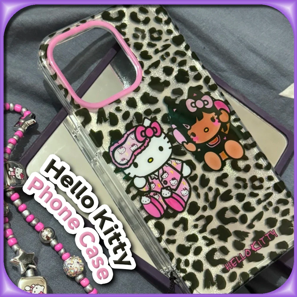 Funda Kawaii Tan Hello Kitty con estampado de leopardo Y2K para IPhone 16 15 14 13 12 Pro Max Sanrio funda protectora creativa con pulsera