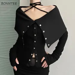 Off Shoulder T-shirts Women High Street Fashion Lace-up Sexy Black Solid Single Breasted Slim Autumn Ladies Clothing Casual New