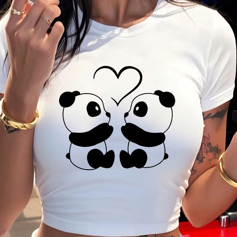 Cute Panda and Heart Print Sexy Crop Tops 90s Graphic Tshirt for Woman Crew Neck Short Sleeve Cropped T Shirt Women's Clothes