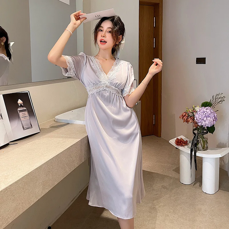 Sleepwear Women Nightdress Satin Lace Sleep Dress Long Sleeve V-neck Nightgown Loungewear Robe Kimono Summer Dressing Gown