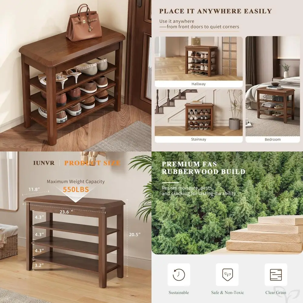 

Solid Wood Shoe Storage Bench for Entryway, Durable Shoe Rack for Mudroom and Closet, Supporting Up to 550lbs