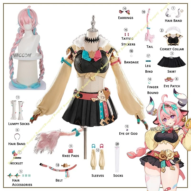 

Genshin Impact костюмы для косплея, парики для девочек, носки Varesa Lumpy, короткая юбка, блузка с длинными рукавами, черный, розовый хвост, Рождество, Хэллоуин