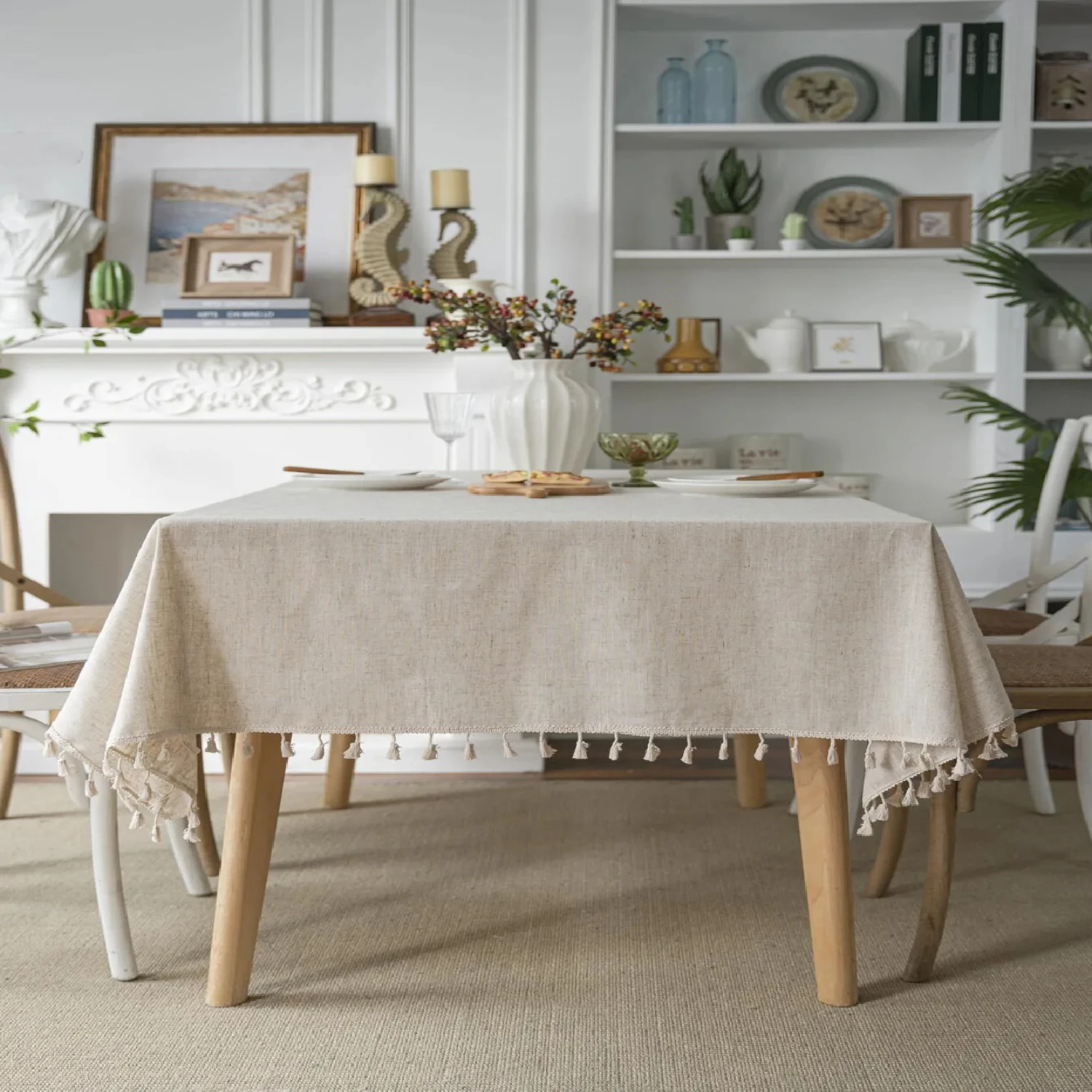 

New Elegant Beige Fringe Vintage Farmhouse Linen Solid Color Rectangular Tablecloth for Kitchen Table - Perfect Four Seasons Wed