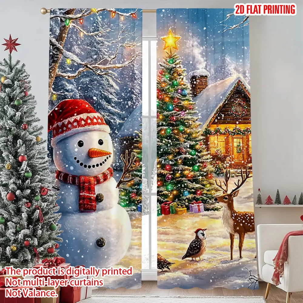 

2pcs 2D flat printing Christmas Party Curtain Christmas_ Machine Washable Polyester Without Electricity Family Party Perfect for