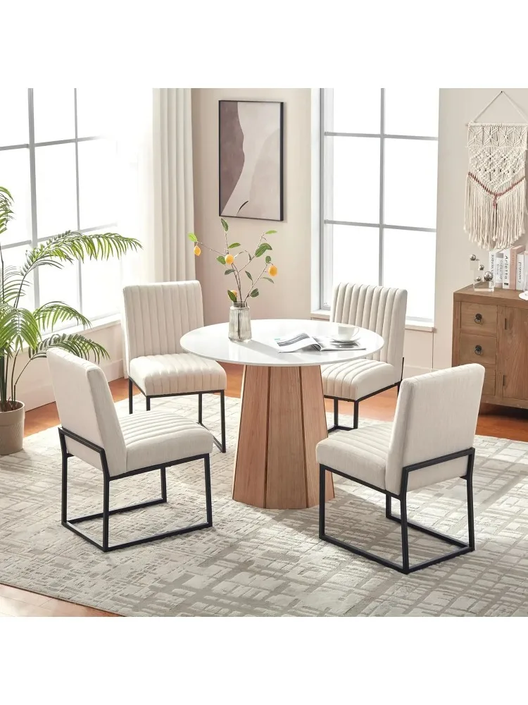 

Upholstered Dining Chairs Set of 4, Modern Dining Room Chairs with Stripe, Linen Kitchen Chair Dinner Chair with Black Met