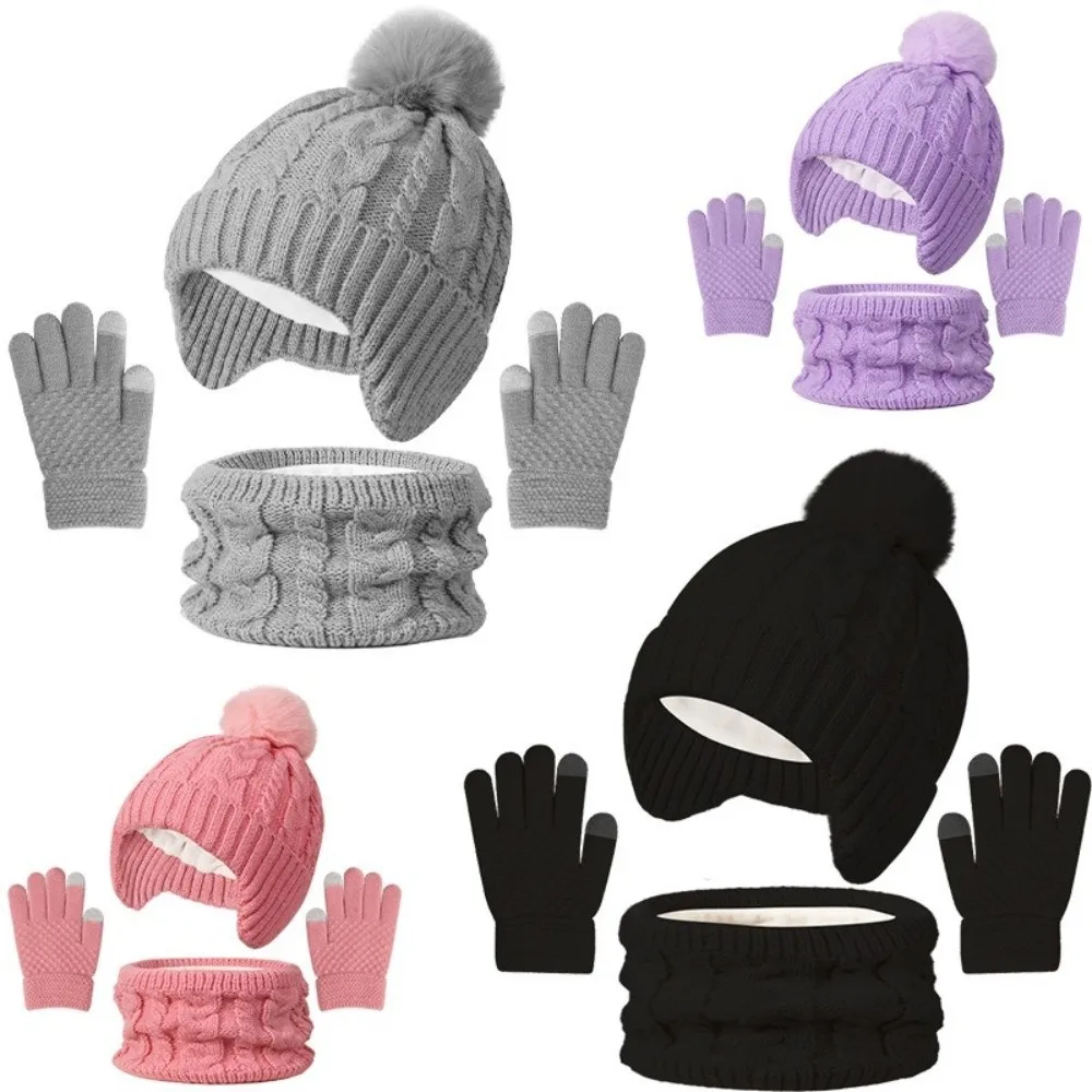 

Solid Color Baby Hat Scarf Gloves Set Warm Ears Thickened Toddler Knitted Hats Cute Pompom Keep Warm Hat Set Autumn Winter
