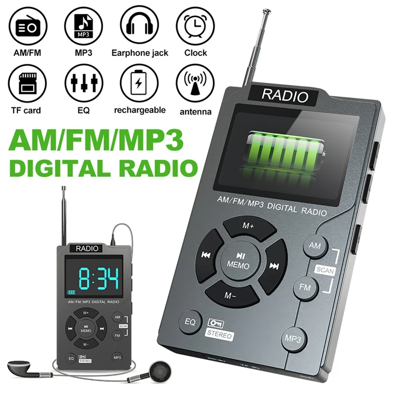 

Portable Mini Radio Gray Pocket AM FM Digital Radio Receiver Auto-Search Channel TF Card MP3 Music Player