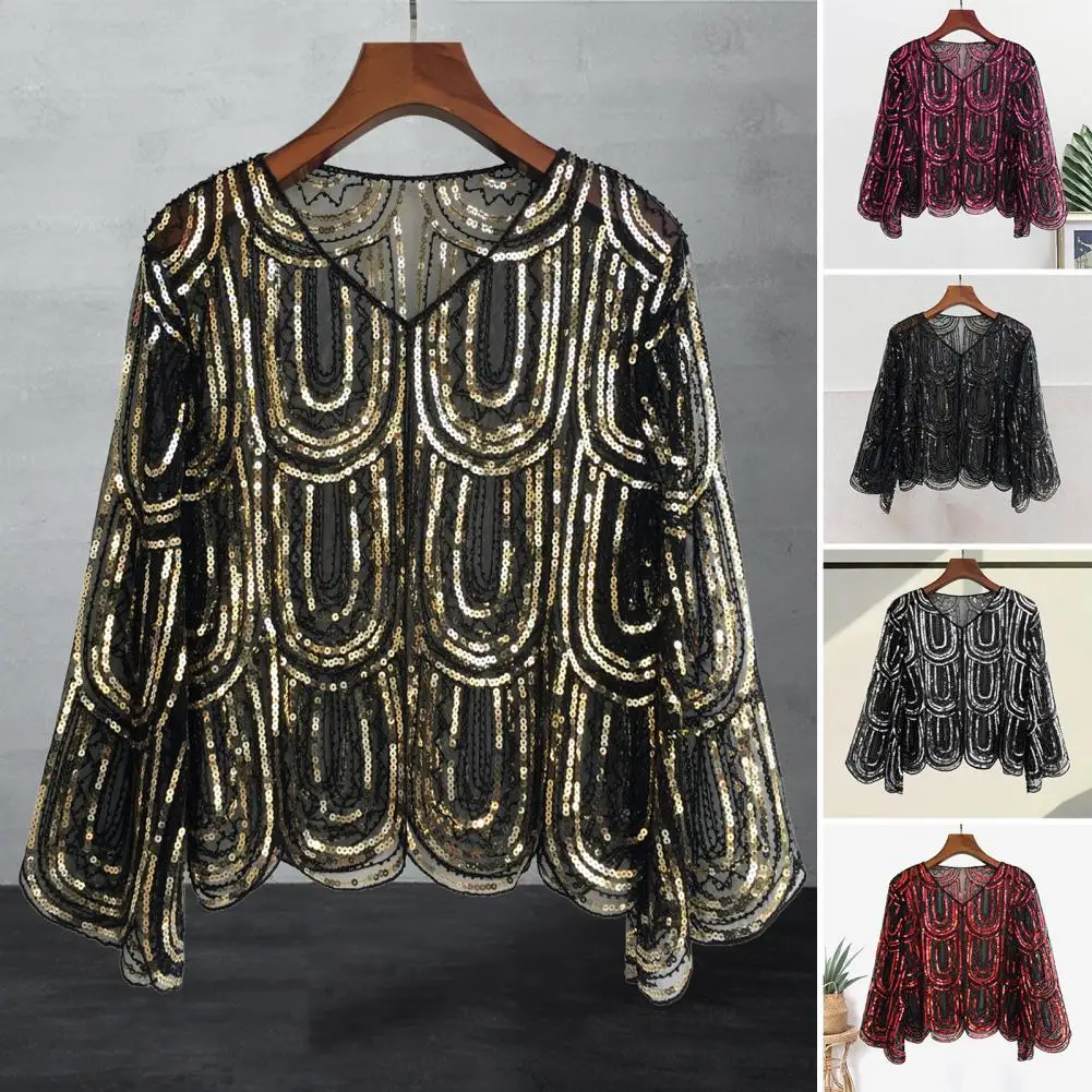 Retro Shawl Jacket Elegant Glitter Sequin Shawl Jacket for Women Vintage Style Wrap with Sparkling Embellishments Evening for A