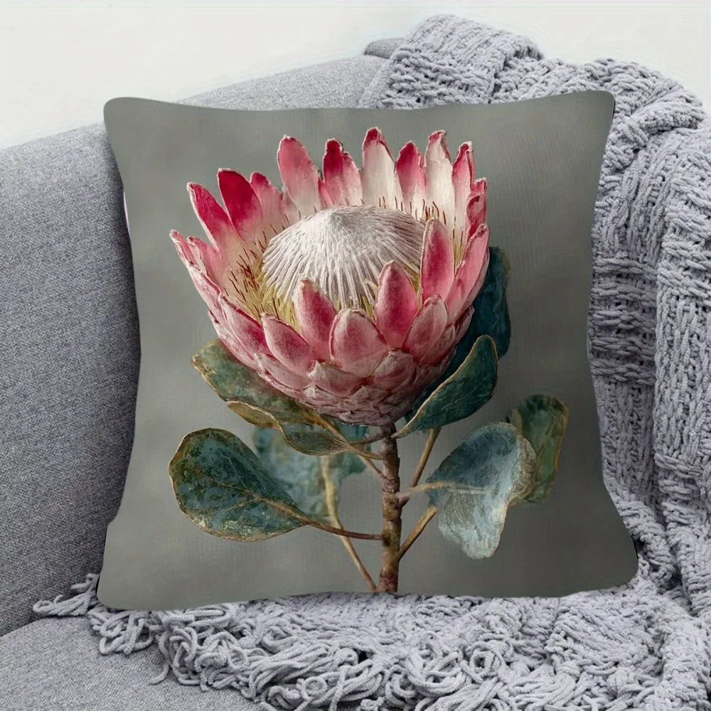 Pink White Protea Flower Cushion Cover Double Sided Plush Pillowcase Hidden Zipper Machine Washable Sofa Bed Chair Decor