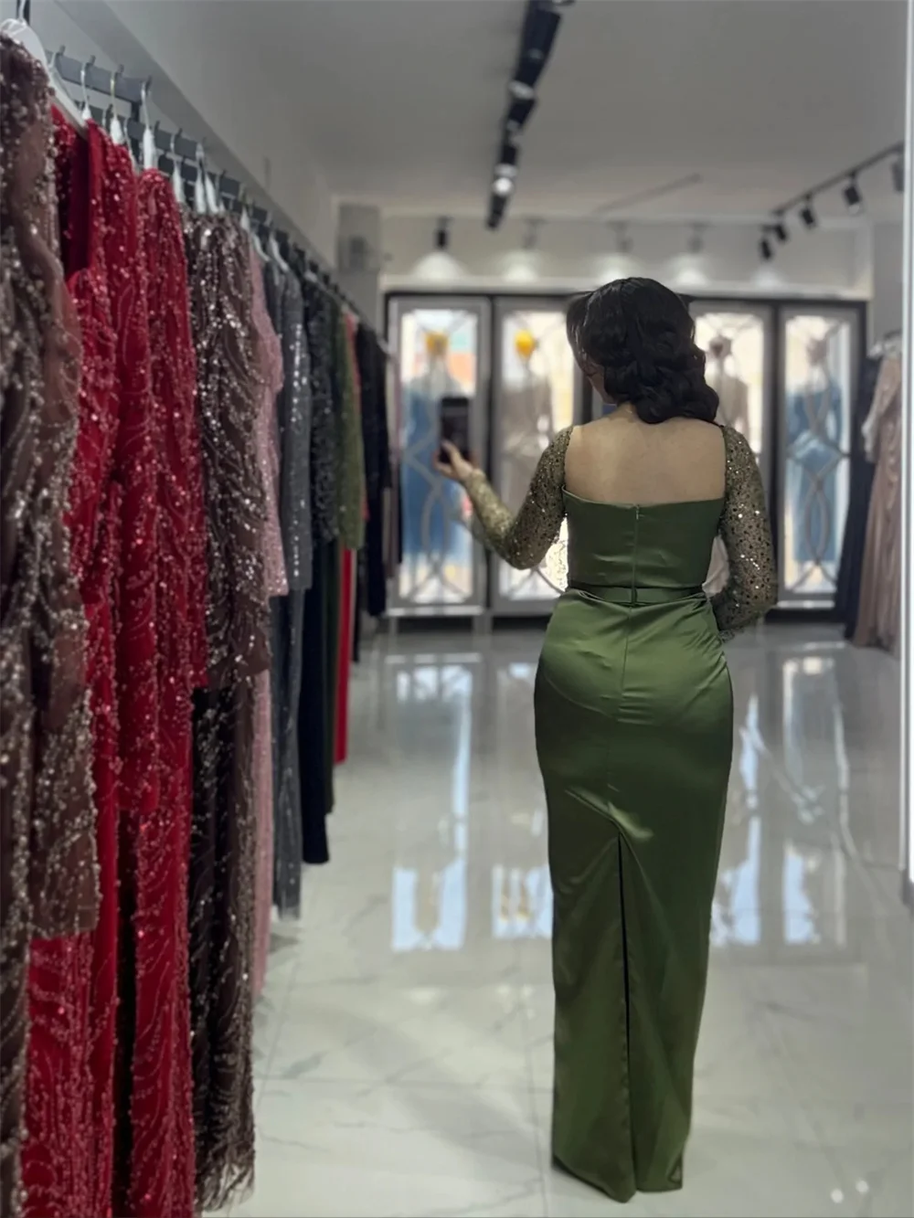 Cathy Customized Green Square Neck Sequin Prom Dress Long Sleeves Detachable Train vestidos de noiva Zip Back Evening Dresses