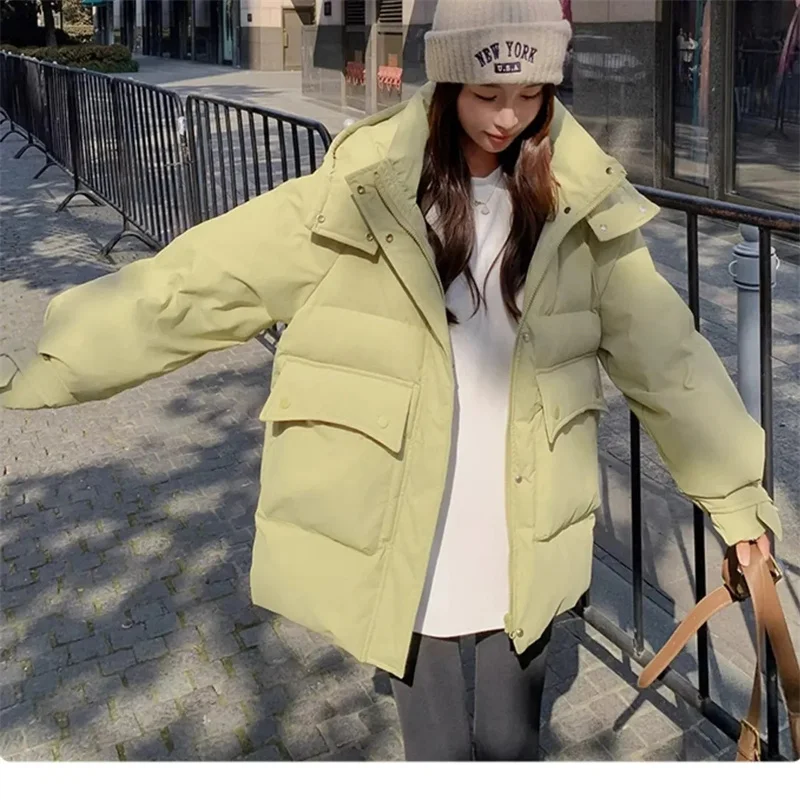 

2025 New Green Down Cotton Jacket For Women Short Small Hooded Bread Jacket Thickened Warm Work Clothes Cotton Coat Winter Beige