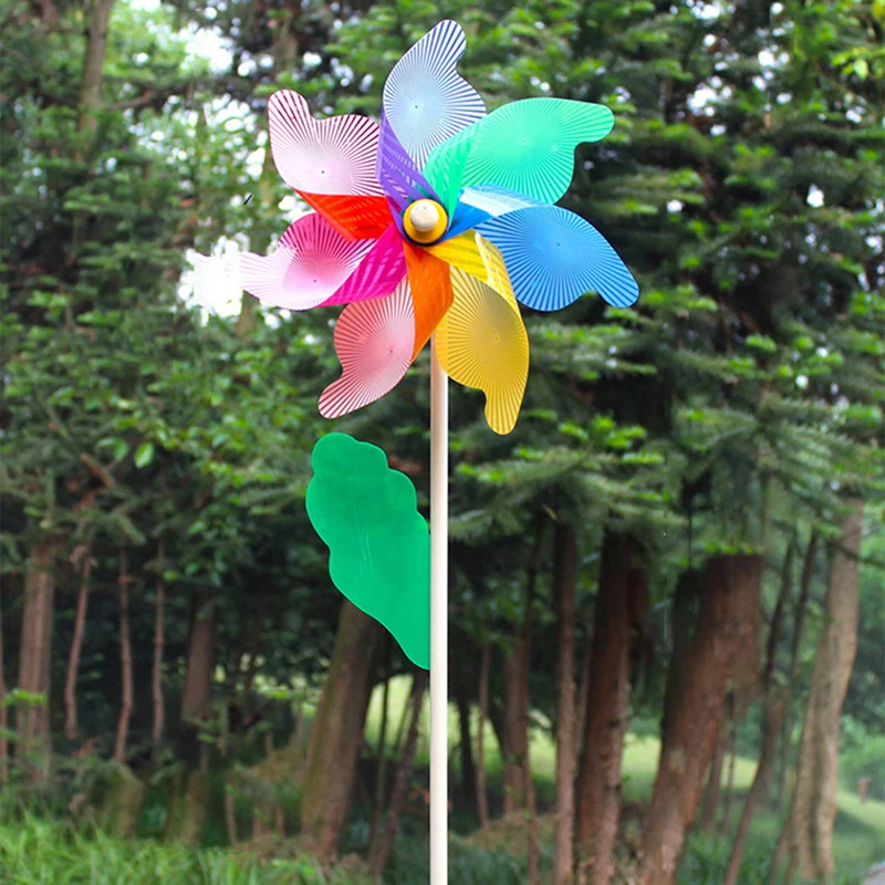 32cm Wooden Handle Garden Yard Windmill Colorful Windmill  Wind Spinner Ornament Outdoor Garden Decoration Children Kids Toys