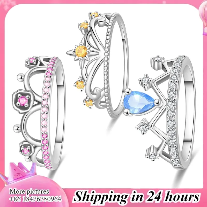 

925 Silver Princess Crown Ring – Navy, Pink & Yellow, Dreamy Design, Trendy Girl's Jewelry
