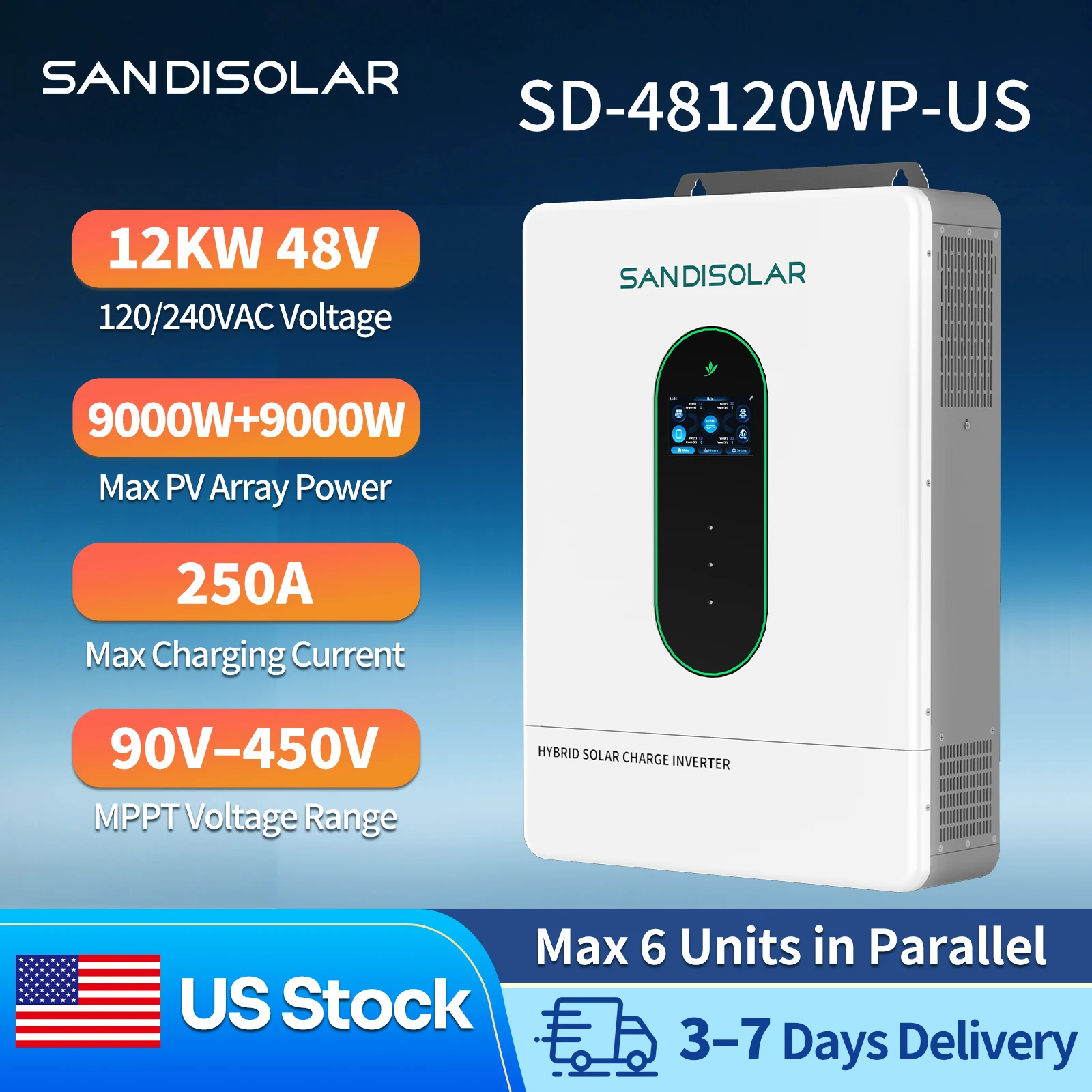 

SANDISOLAR 6 Units Parallel Supported 12KW 48V Hybrid Solar Inverter 9000W Plus 9000W Max Dual PV Input 250A MPPT Charger 120 240VAC Split Phase Touchscreen Time Of Use Charging Built in WiFi RS485 Off Grid Solar Inverter For Home Energy Storage