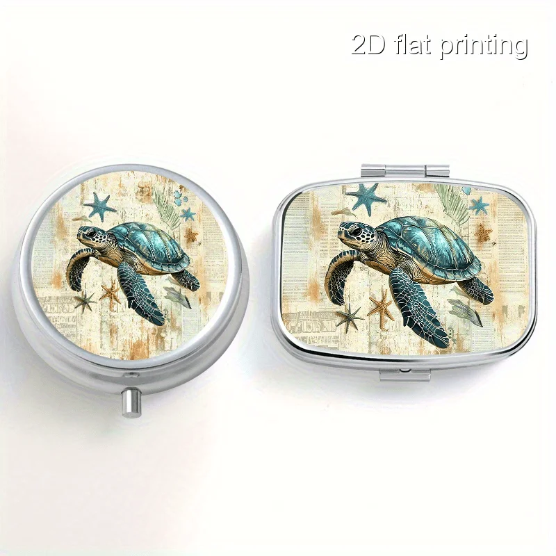 S Retro Turtle Pattern Printed Sealed Pill Box Set of 2, Round and Square Shapes, the Round One Has 3 Compartments, the Square One Has 2 Compartments, Mini Portable Sealed Box Suitable for Travel, Outdoor Sports or as a Portable Sealed Box for Wallets and Bags, Multifunctional Metal Box for Decorations, Jewelry, Earrings, Multi-Compartment Storage Box, Classification and Packing Box, Suitable for Home Use, Travel, Sealed and Moisture-Proof, Unique Small Gift Collection Box