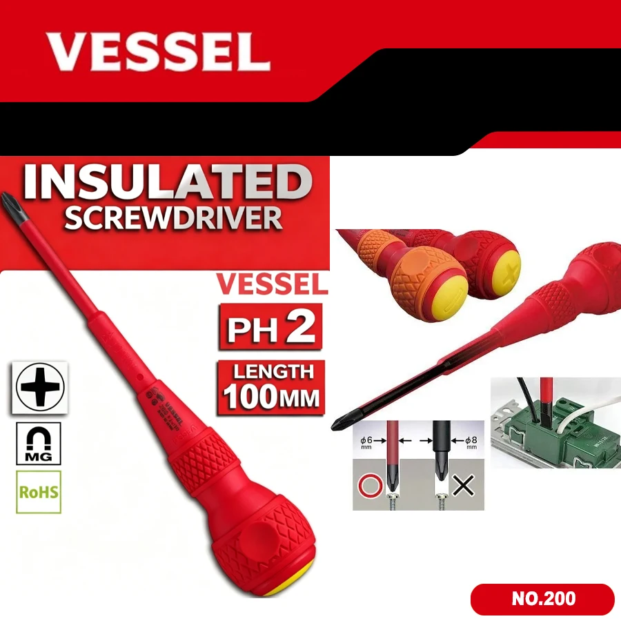 VESSEL 200 JIS Insulated Screwdriver VDE 1000V Electrician Repair Ball Handle Slotted Phillips Screwdriver Series