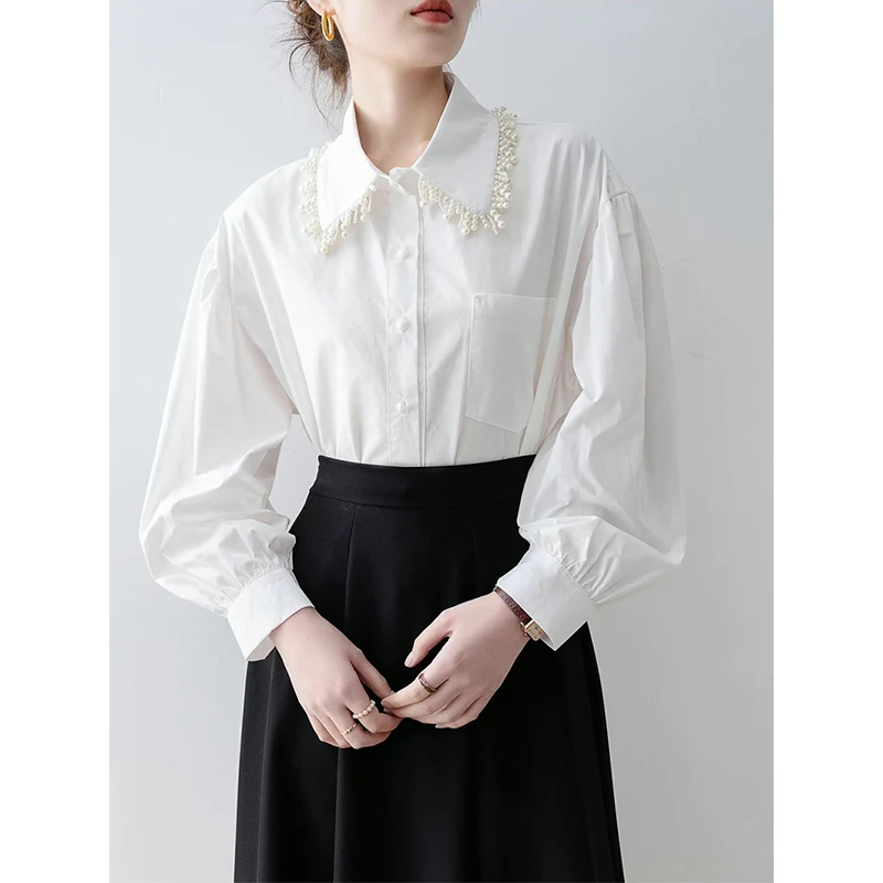 MEXZT Elegant เสื้อสีขาวผู้หญิงแฟชั่นประดับด้วยลูกปัด Patchwork เสื้อสํานักงานสุภาพสตรีเกาหลีแขนยาวออกแบบกระเป๋าเสื้อลําลอง