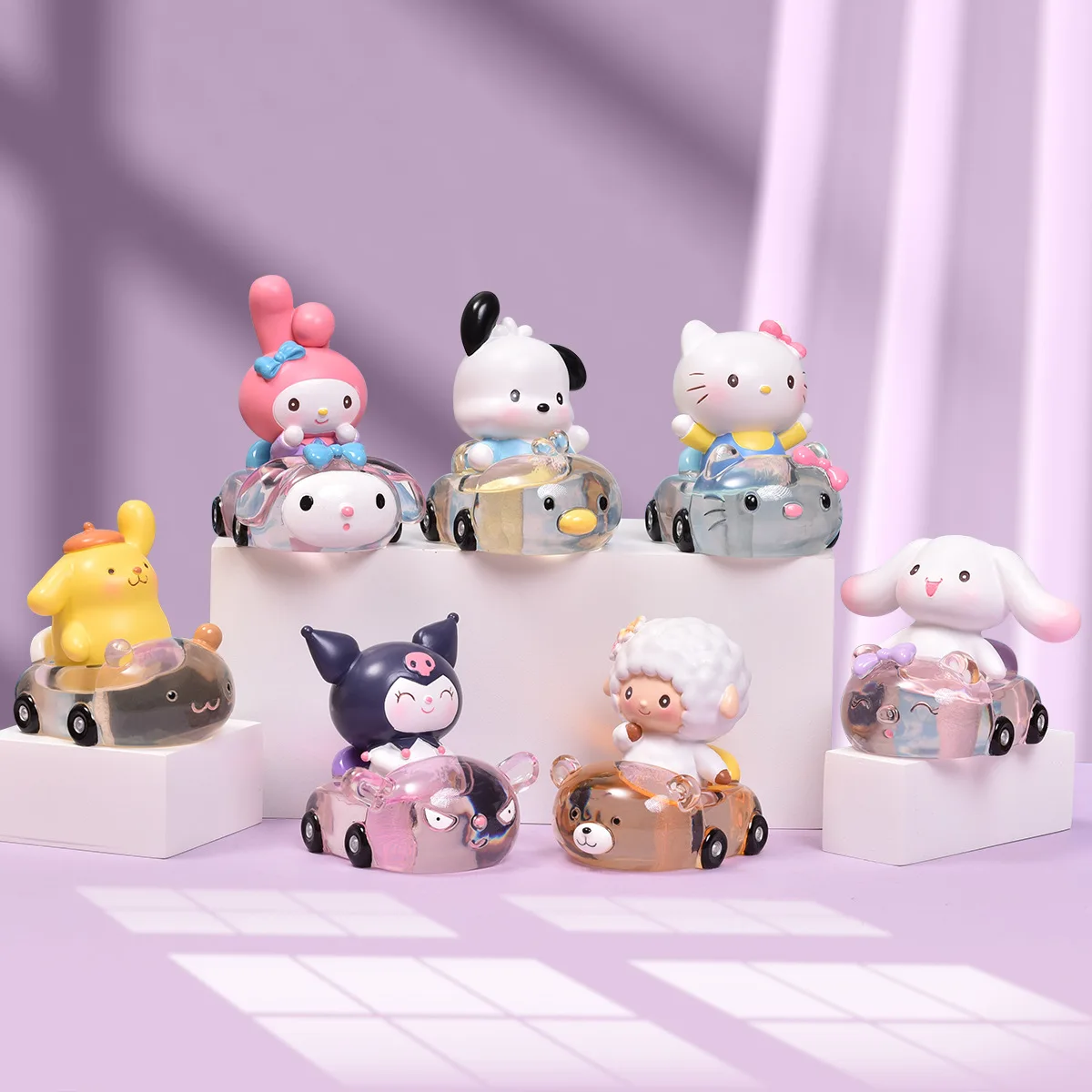 Kuromi Melody with Car Figurines Toy Kawaii Cake Car Decoration Model Cinnamoroll Dolls Tabletop Ornament Gifts DIY Accessory