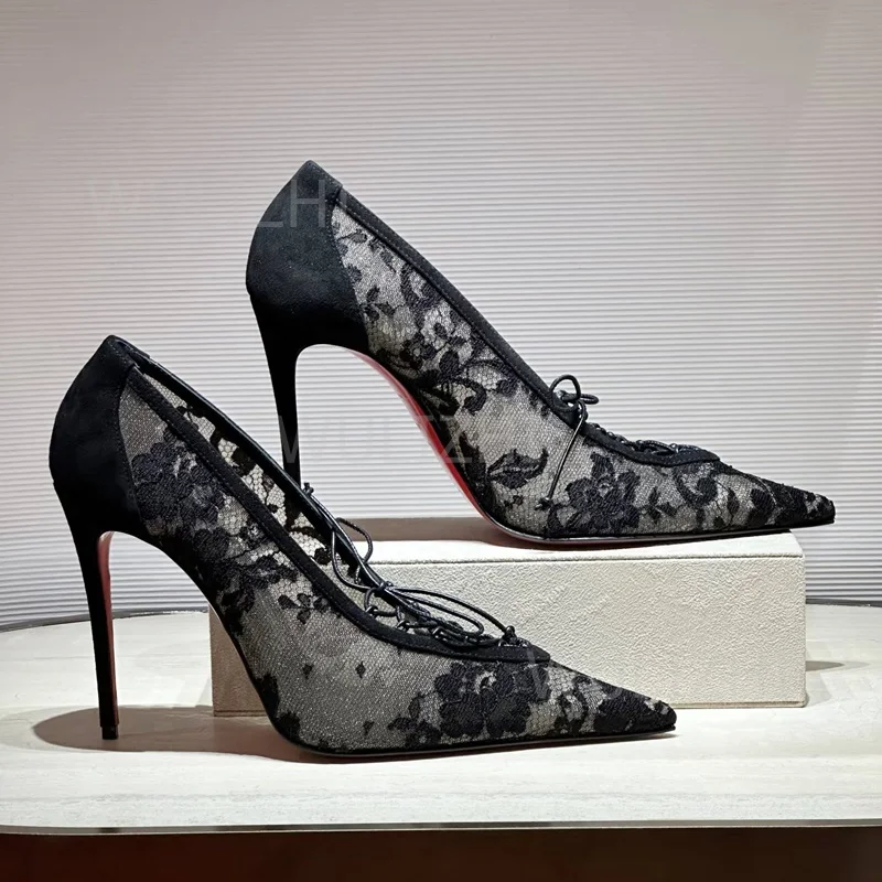 

Black Lace Mesh Bow Sandals Women Sexy Knit Embroidered Pumps Pointed Toe Stiletto Heels Girl Riband Heels Patchwork Party Shoes