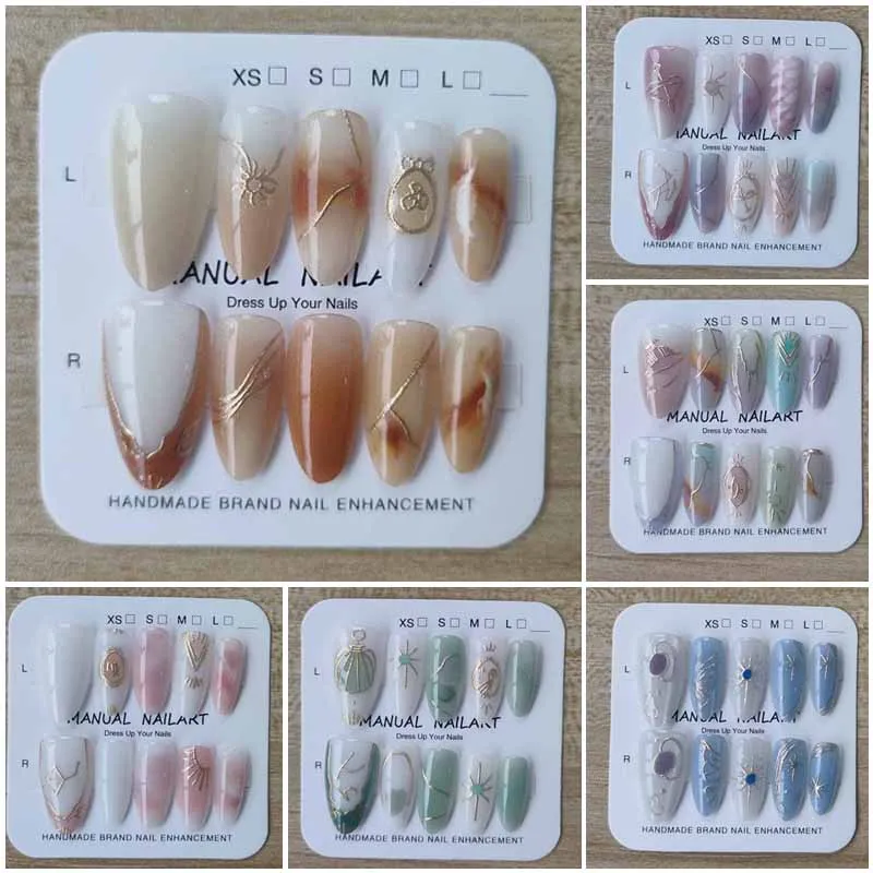 【Sternbildvergoldung】 10 Stück Damen kurze, mandelglänzende, handgefertigte Nägel zum Aufdrücken, lila, abnehmbare Maniküre-Nagelpflaster, Nagelspitzen