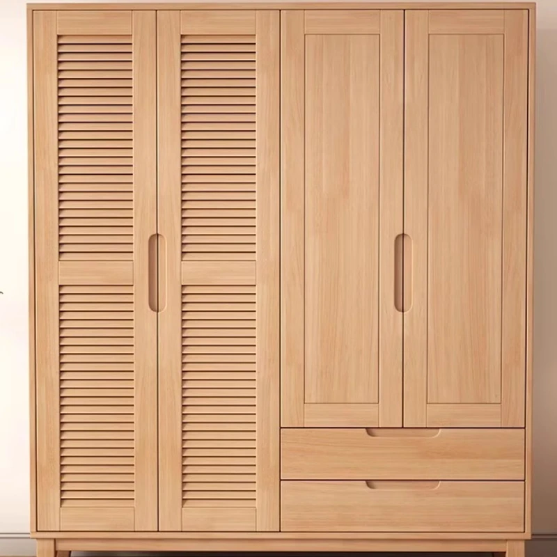 

Nordic Japanese log style solid wood shutter door wardrobe two or four doors household bedroom opposite door wardrobe hanging